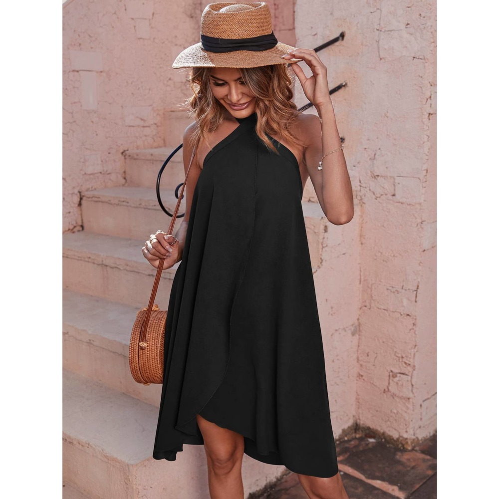 Boho Tie Backless Wrap Halter tank Dress black